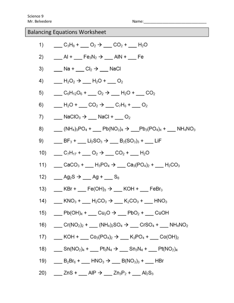 Balancing Equations WS Answers 11 12 13 Science 9 Mr Belvedere 