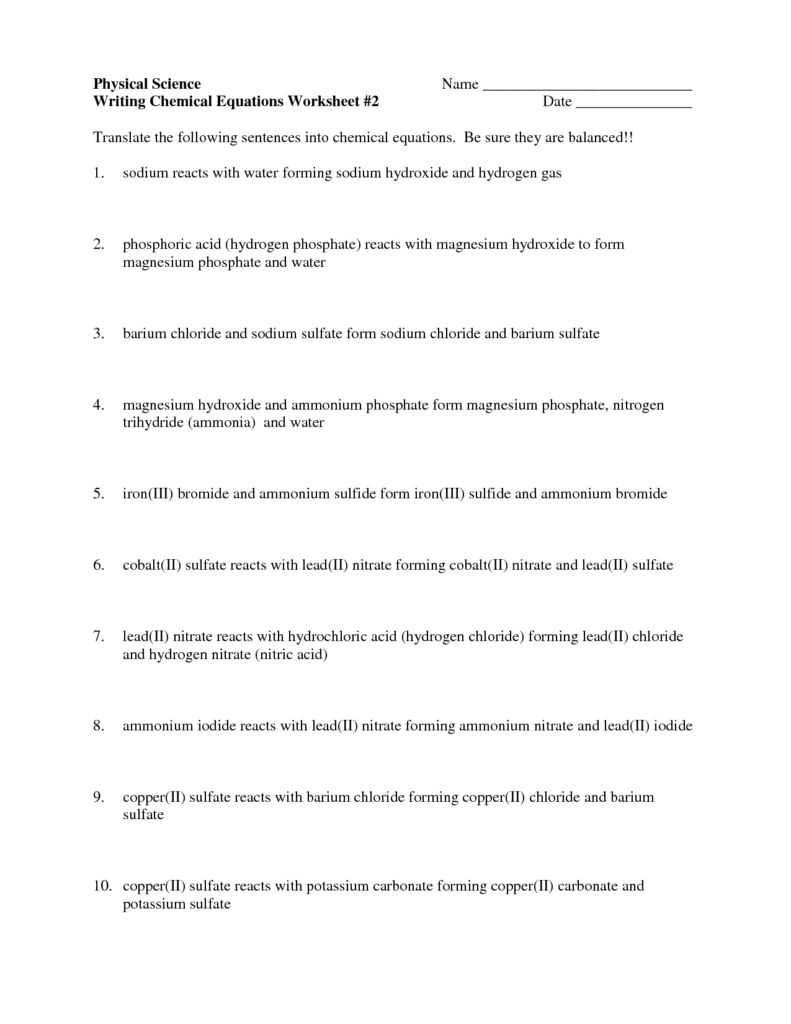 Balancing Word Equations Worksheet Balancing And Word Equations 