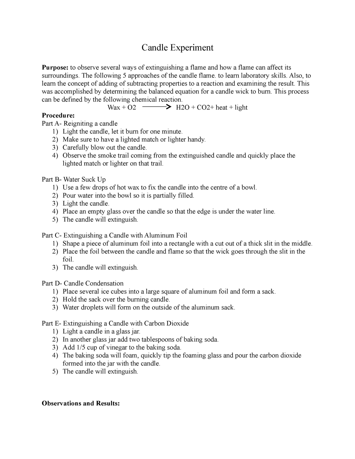 Candle Experiment Chem 217 AU StuDocu