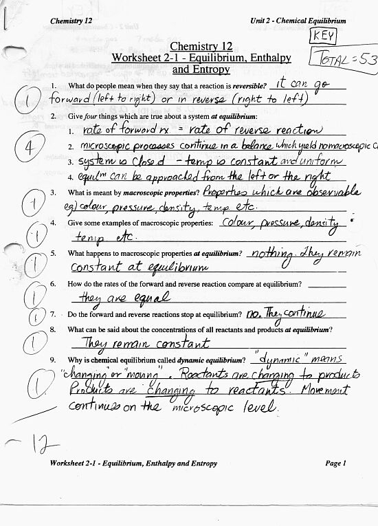 Chemical Equilibrium Worksheets Answers