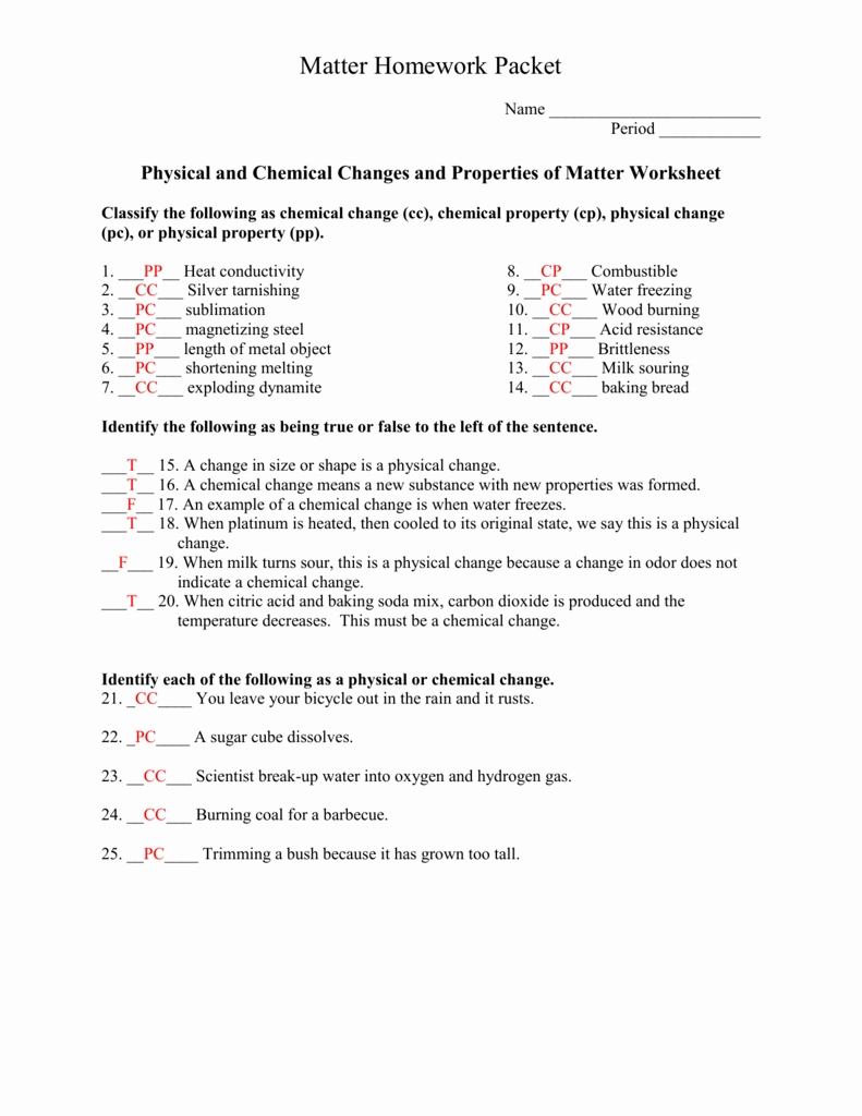 Chemistry 1 Worksheet Classification Of Matter And Changes Answers 