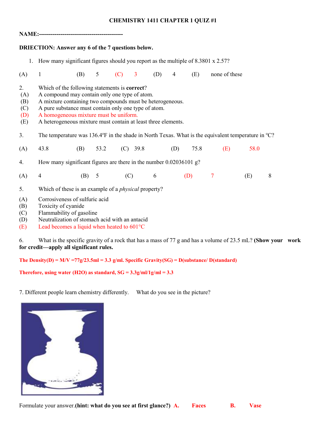 CHEMISTRY 1411 CHAPTER 1 QUIZ doc