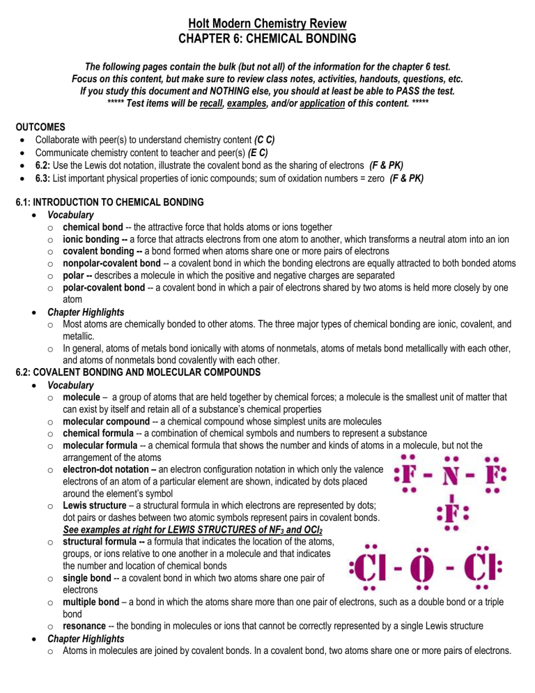 CHEMISTRY CHAPTER 6 REVIEW