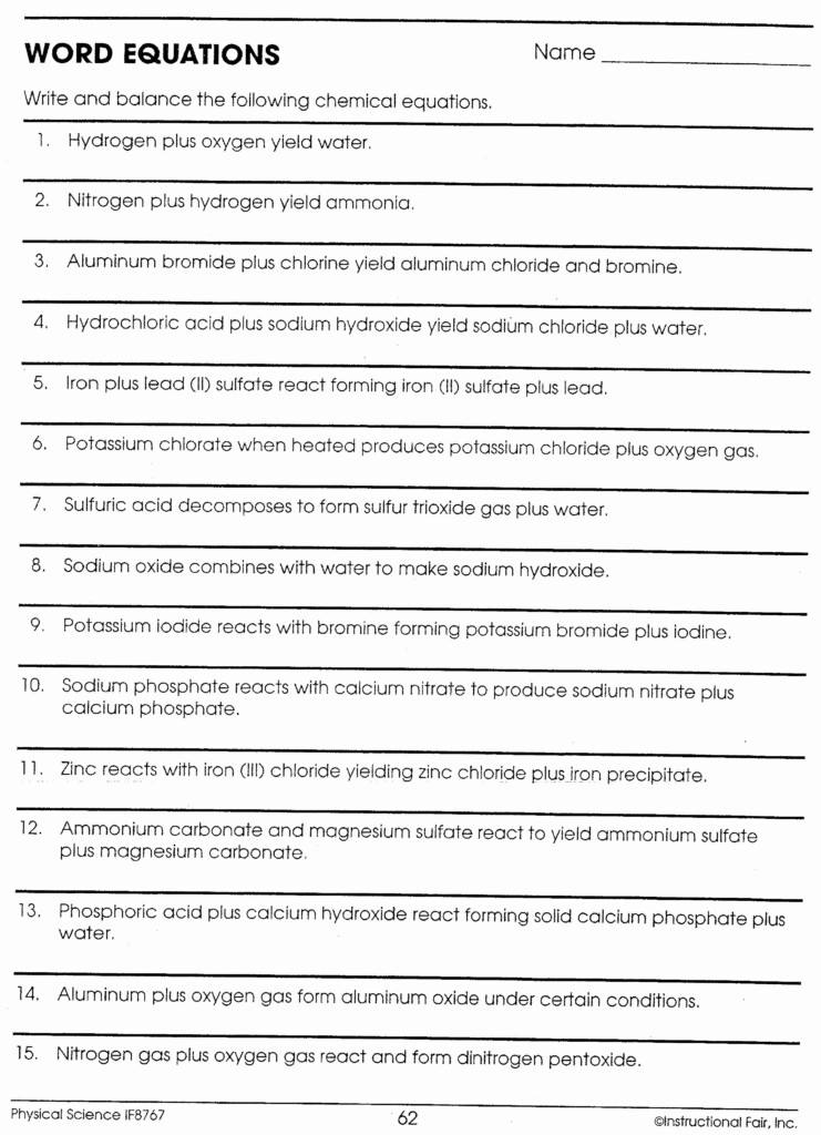 Chemistry Chemical Word Equations Worksheet Answers The Best Free 