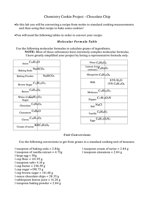 Chemistry Cookie Project Chocolate Chip Worksheet Printable Pdf Download