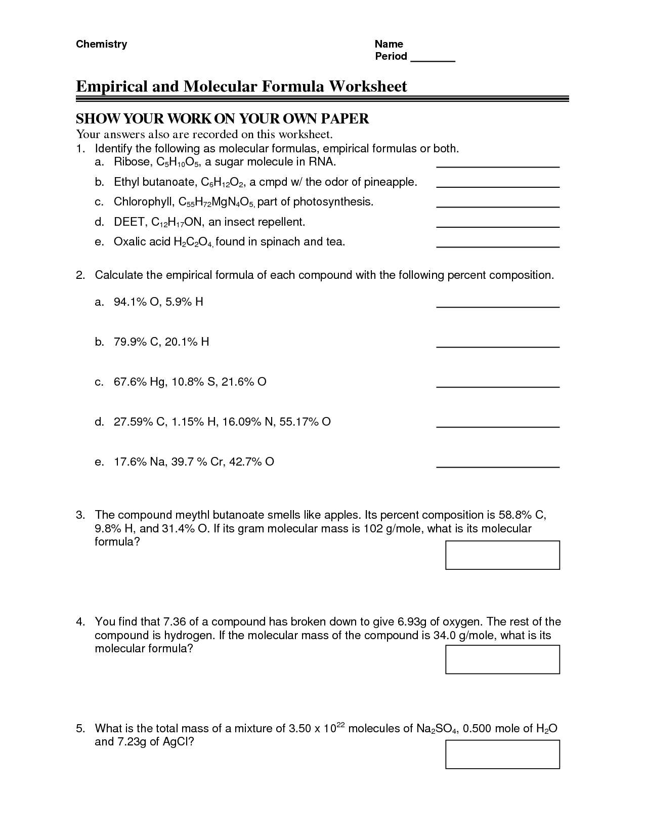 Chemistry Empirical Formula Worksheets