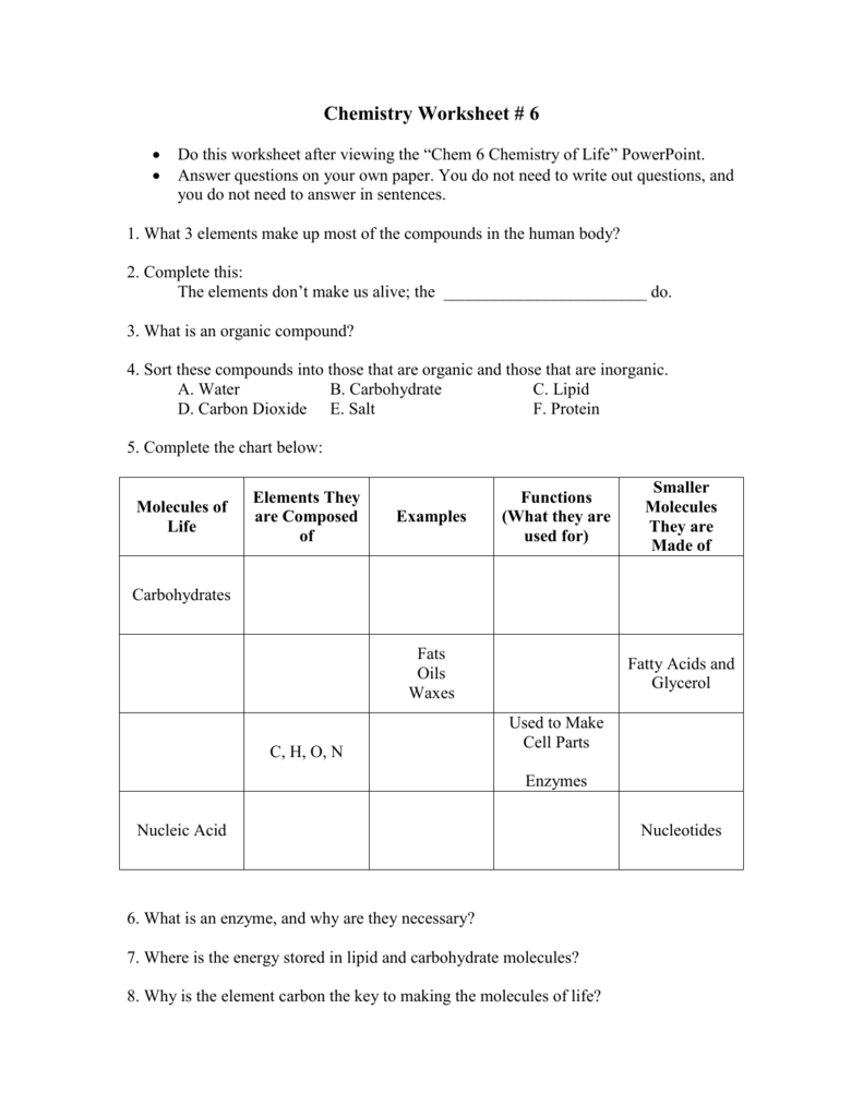 Chemistry Of Life Worksheet