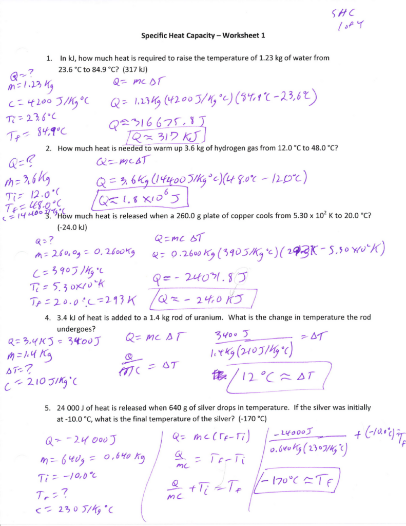 Chemistry Specific Heat Worksheet Answers Promotiontablecovers