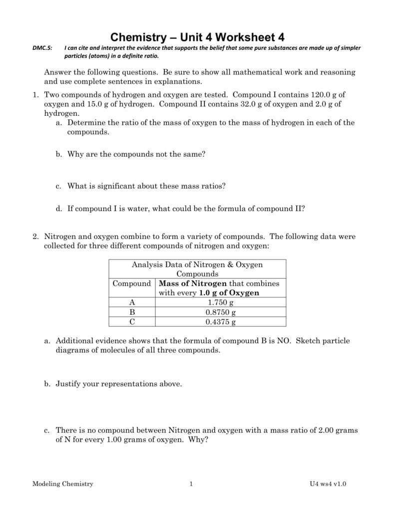Chemistry Unit 4 Worksheet 1 Db excel