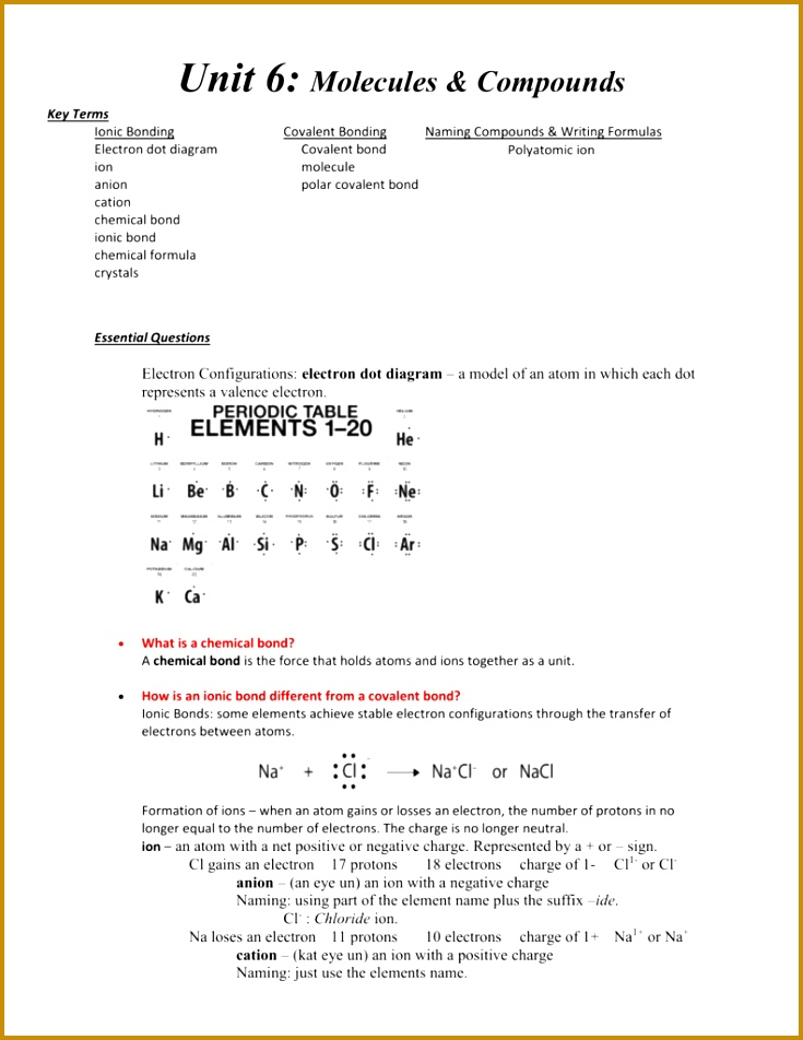 Chemistry Unit 6 Worksheet 3 Molecular Compounds Chemistryworksheet