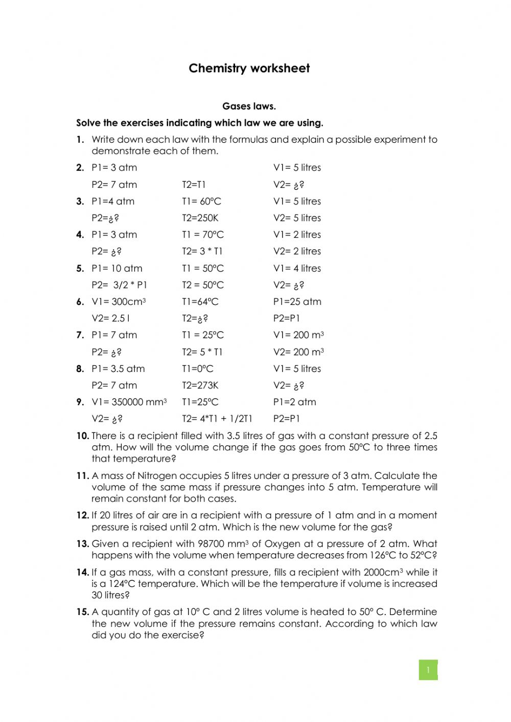 Chemistry Worksheet Worksheet