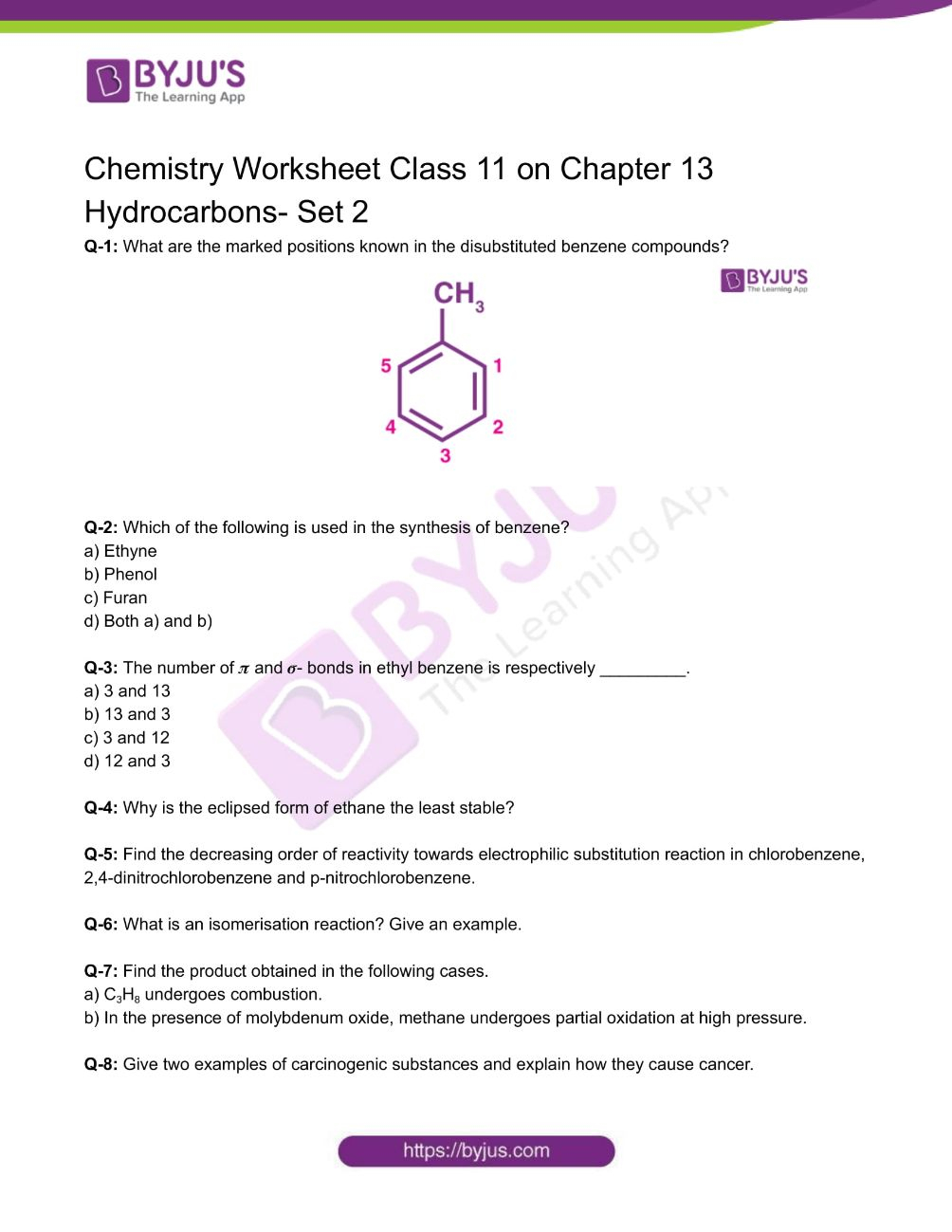 Class 11 Chemistry Worksheet On Chapter 13 Hydrocarbons Set 2