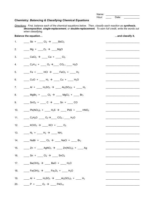 Classification Of Chemical Reactions Worksheet Balancing Chemical 
