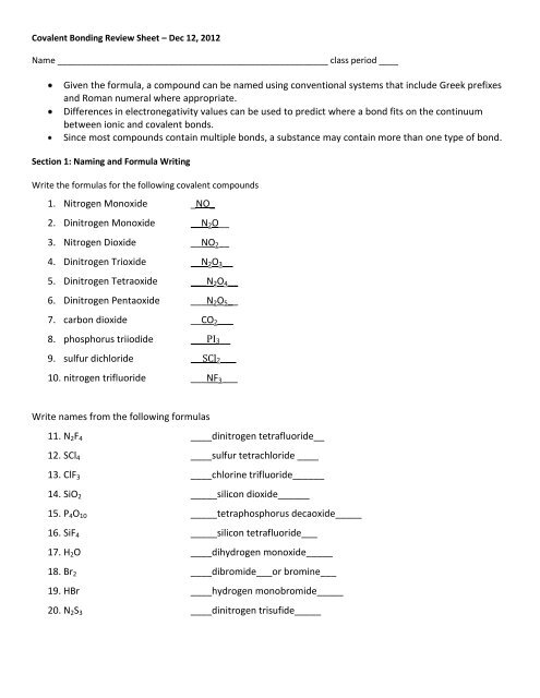 Covalent Bonding Worksheet 3 Answer Key Judithcahen Answer Key For 