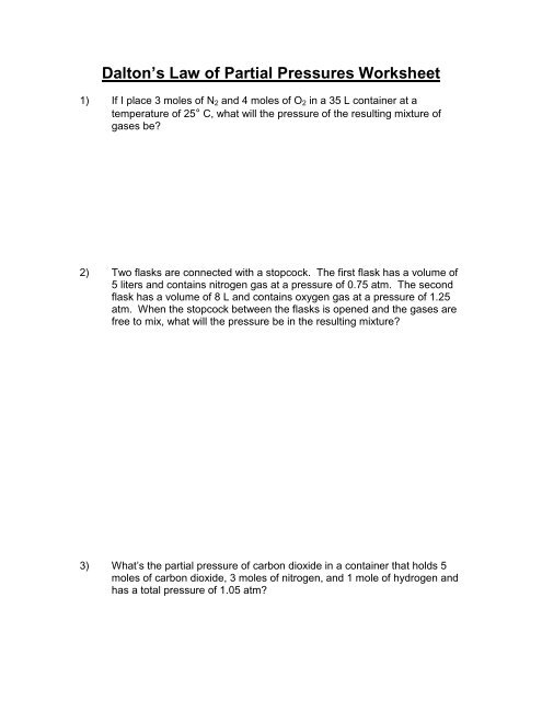 Dalton s Law Of Partial Pressures Worksheet