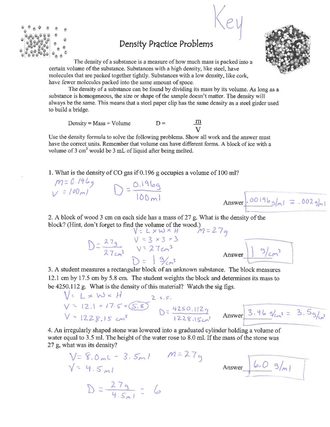 Density Practice Problem Worksheet