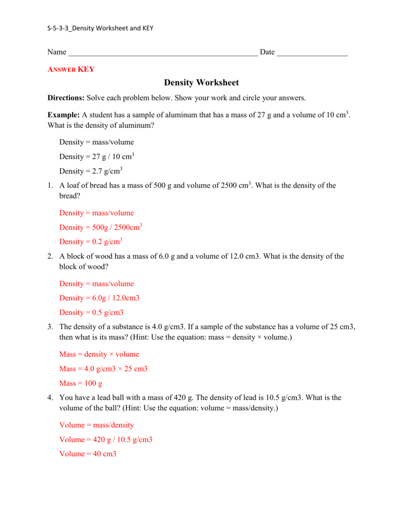 Density Practice Worksheet Answers