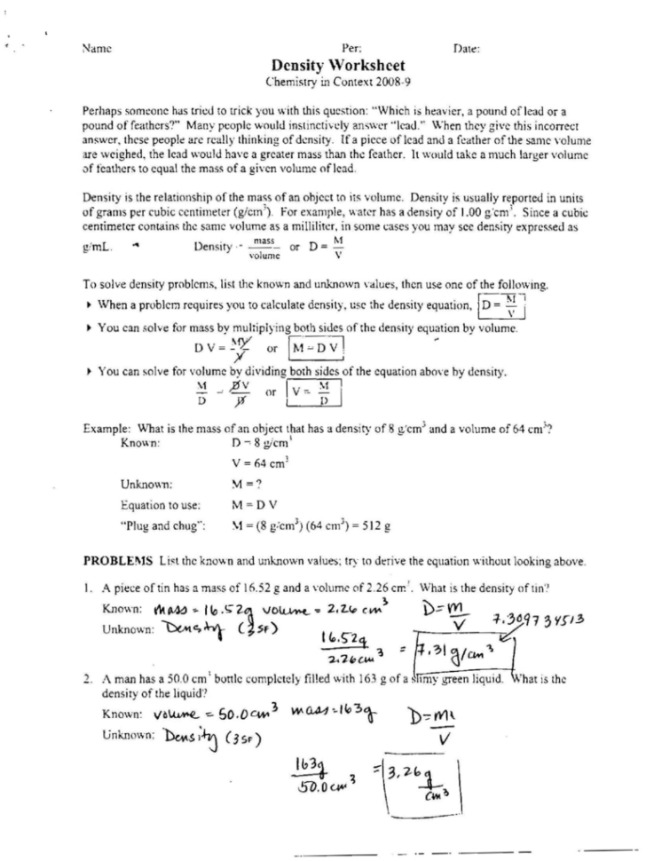 Density Worksheet Answers Chemistry Db excel