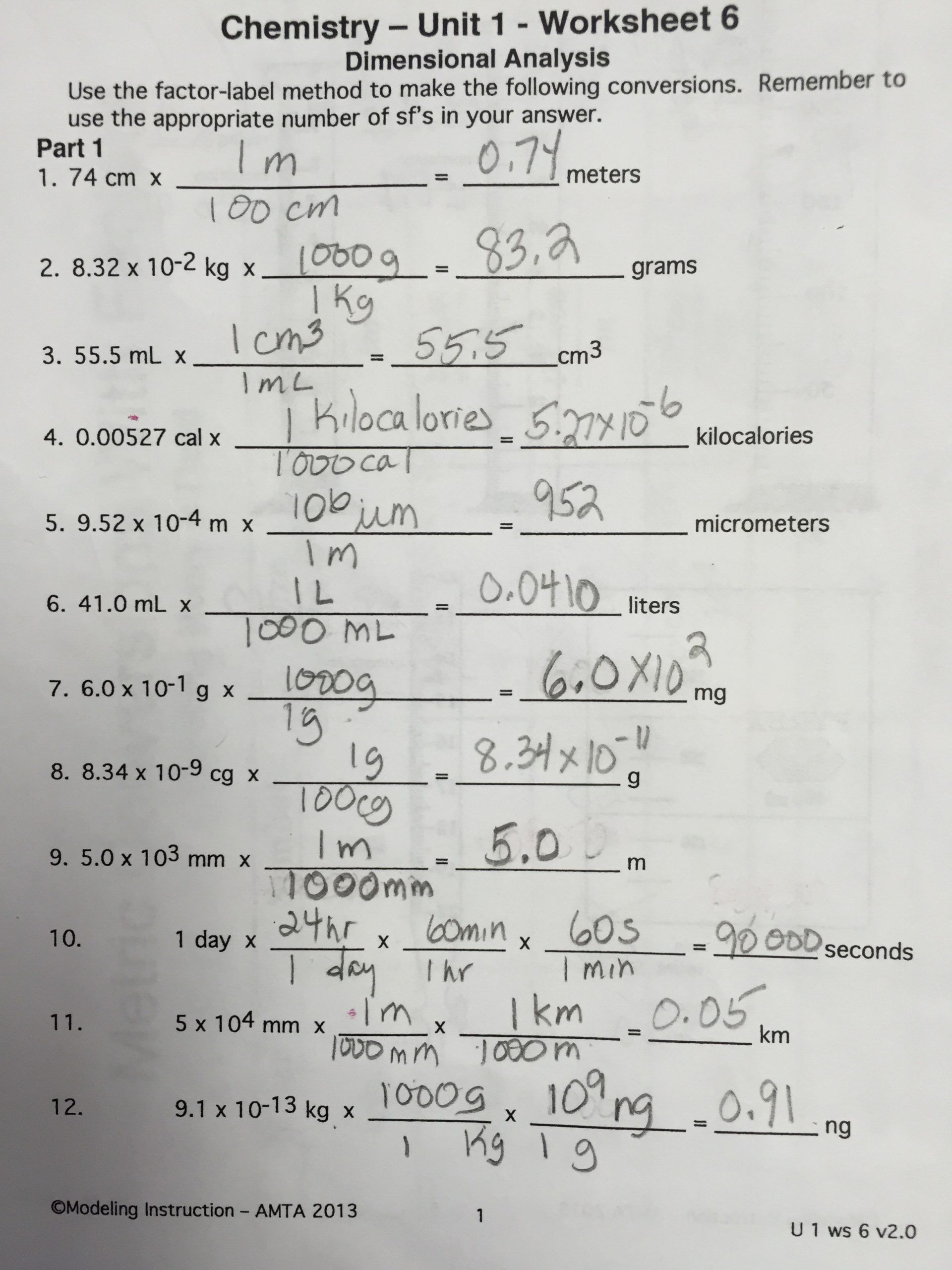 Dimensional Analysis Worksheet Chemistry Chemistry Unit 1 Worksheet 6 