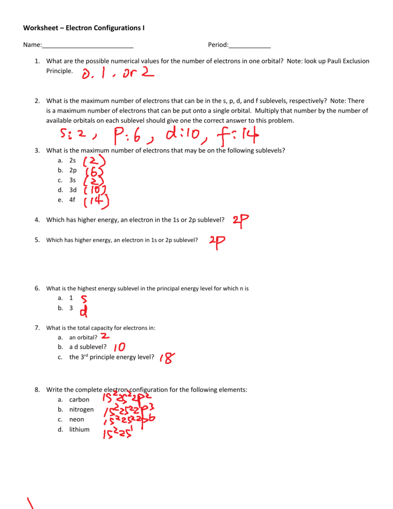 Electron Configuration Practice Worksheet Answer Key Chemistry Key 