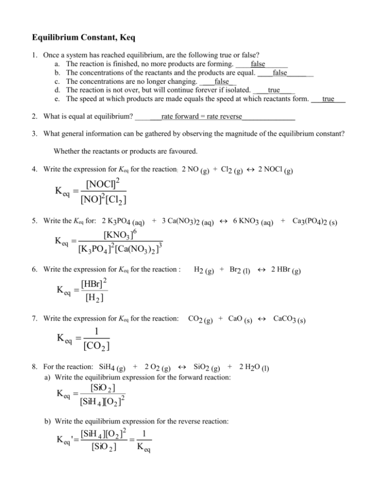 Equilibrium Worksheet Answers SCH4U1 CCVI