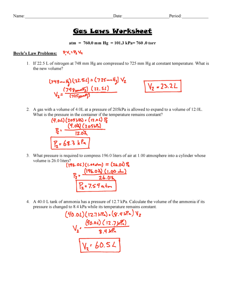 Gas Laws Worksheet Answer Key Gas Laws Worksheet Atm 760 Mm Hg 