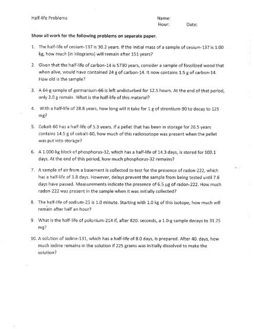 Half Life Worksheet Answers