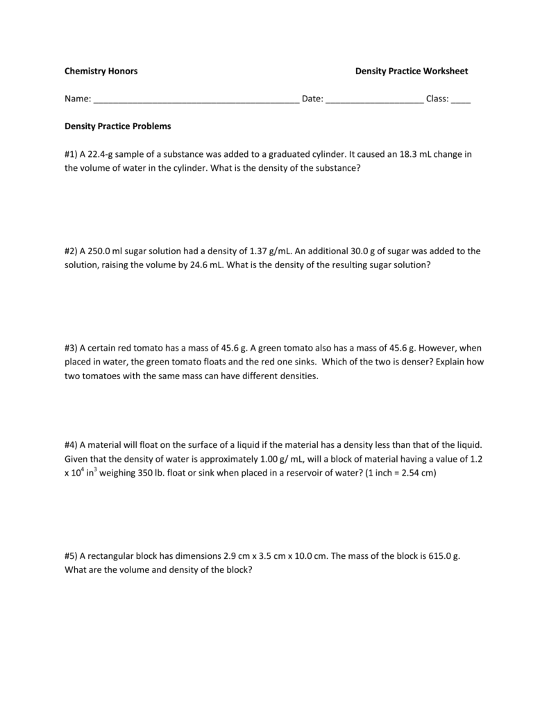  Honors Chemistry Density Worksheet Answers Free Download Gmbar co