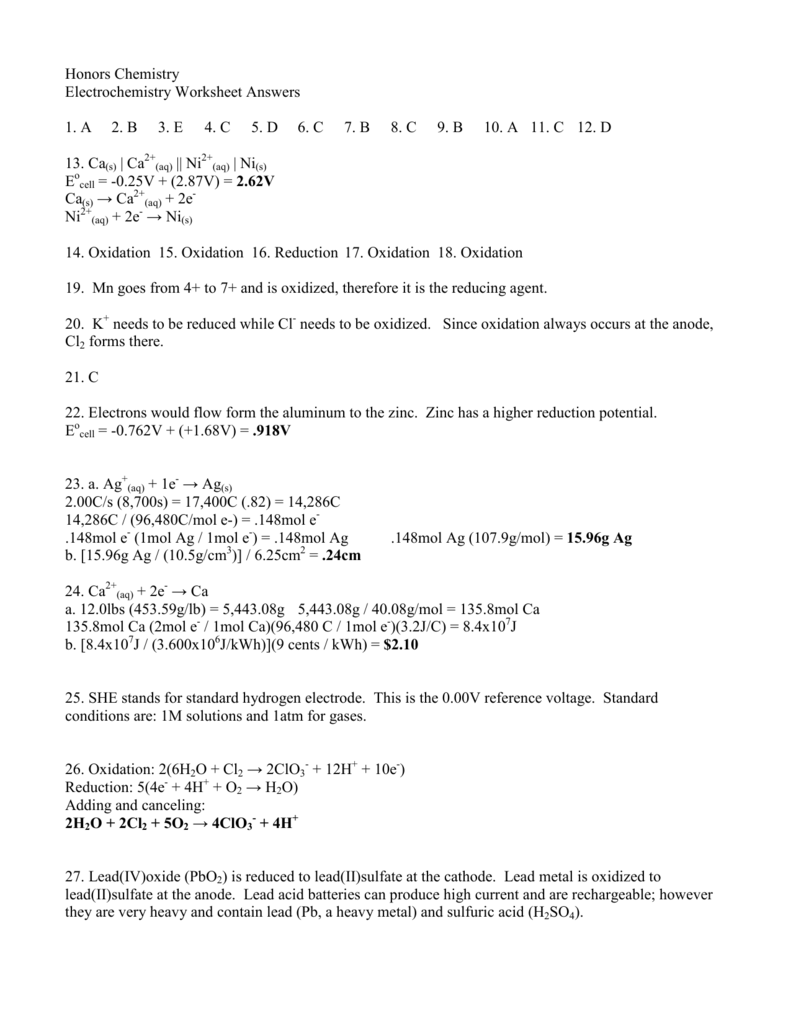 Honors Chemistry Electrochemistry Worksheet Answers 1 A 2 B 3
