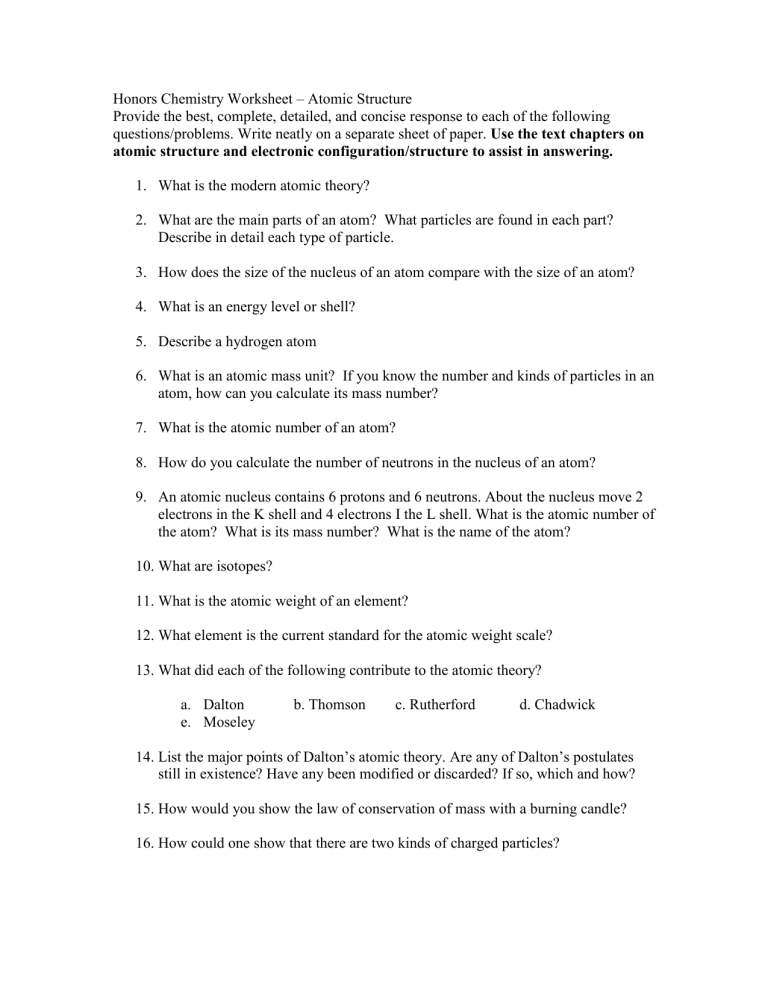 Honors Chemistry Wksht Atomic History And Theory With ANSWERS