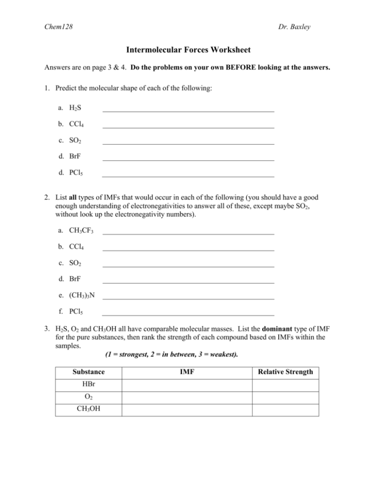 Intermolecular Forces Worksheet