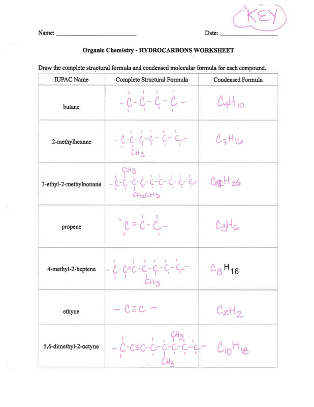 KEY Hydrocarbon Worksheet MS MCLARTY S CLASSES