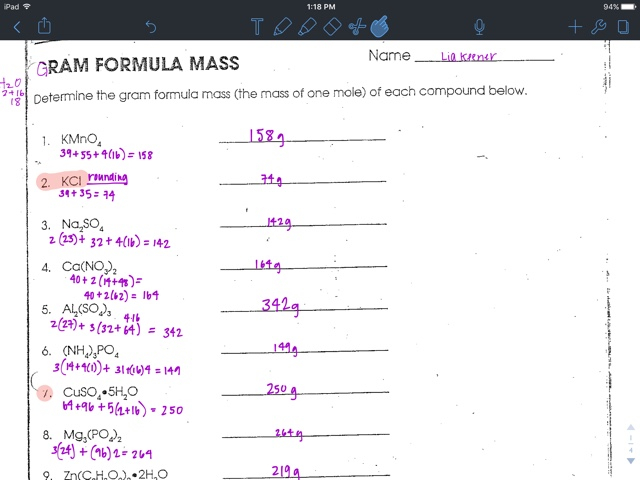 Liakeenerchemistry Gram Formula Mass Worksheet