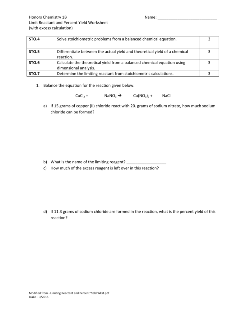 Limiting Reactant Worksheet Answers