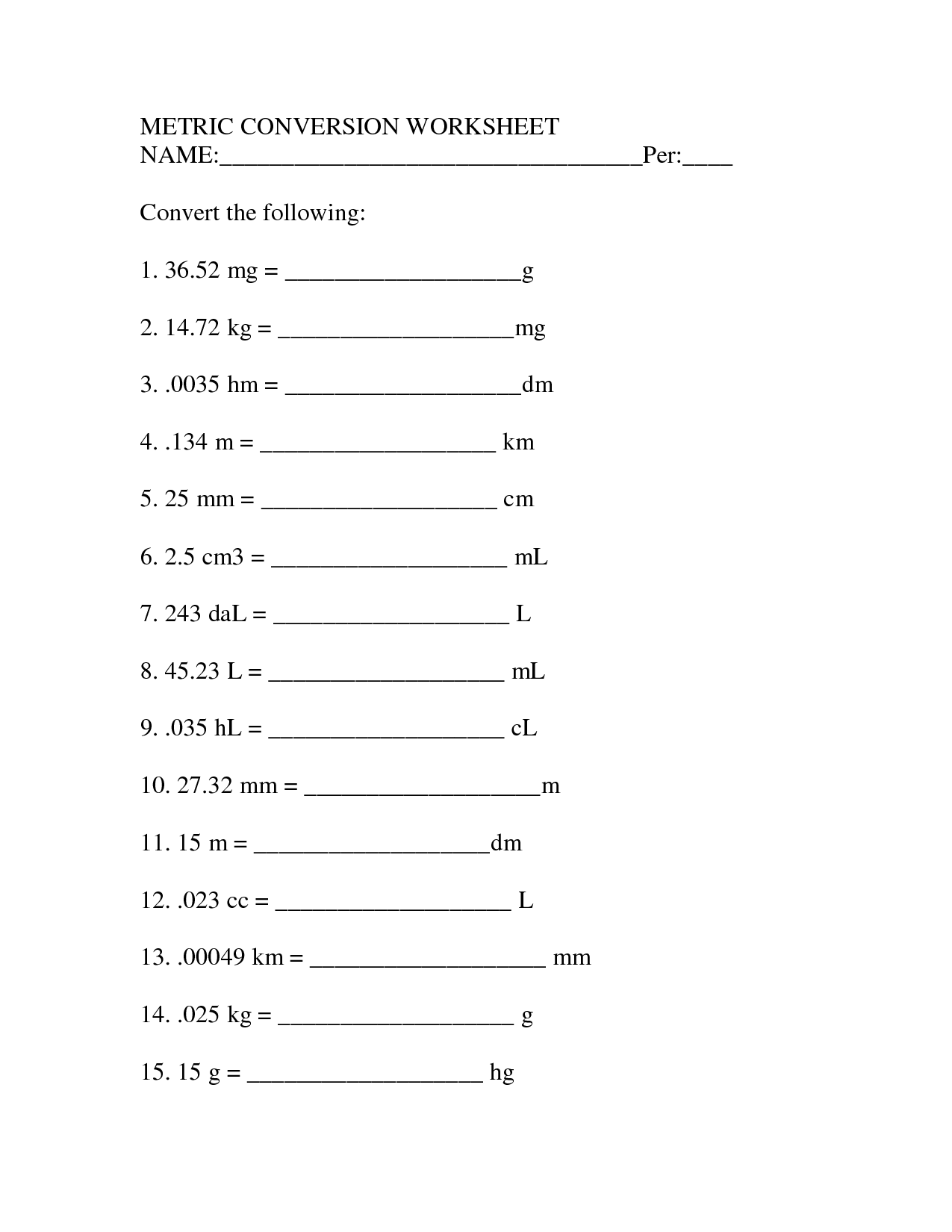 Metric System Worksheet Answers Chemistry Worksheet Answers
