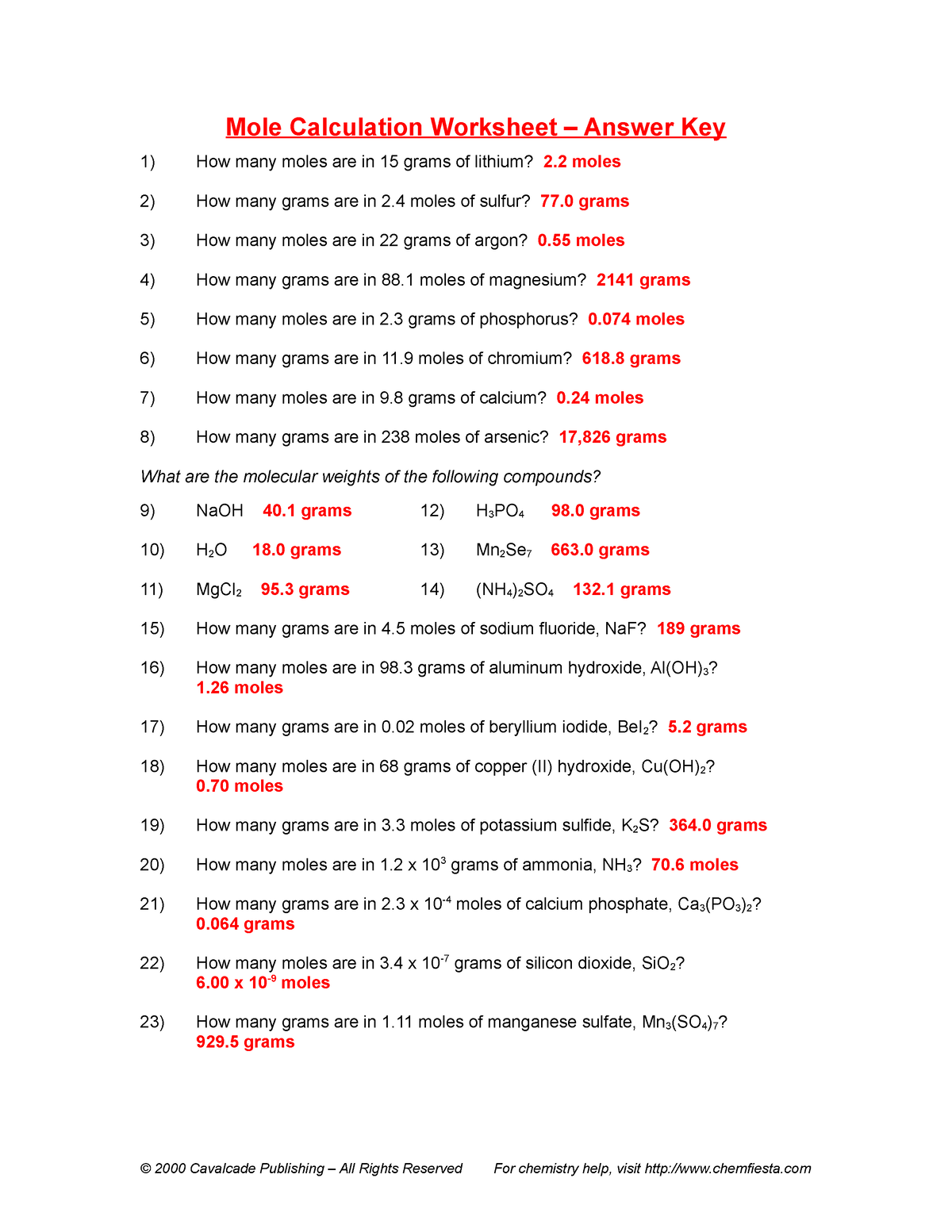 Mole Calculation Worksheet Answers Mole Calculation Worksheet 