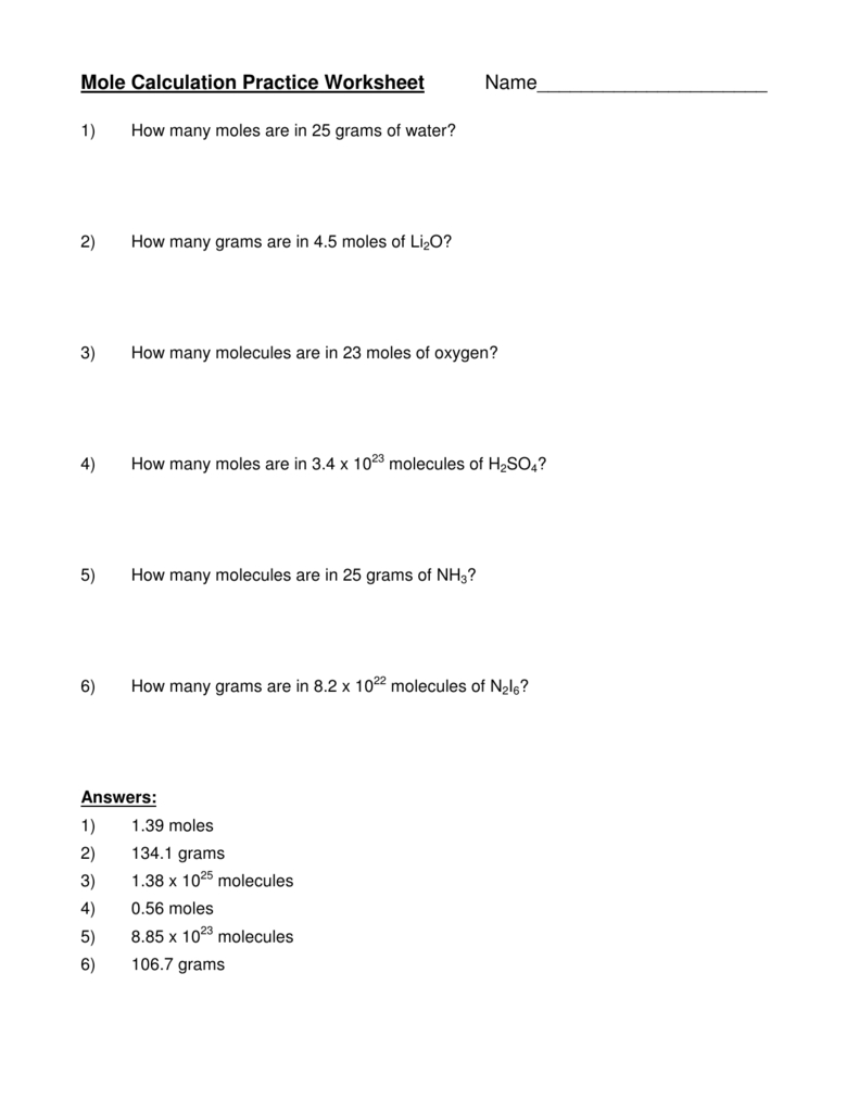 Mole Calculation Worksheet Toolboopmx