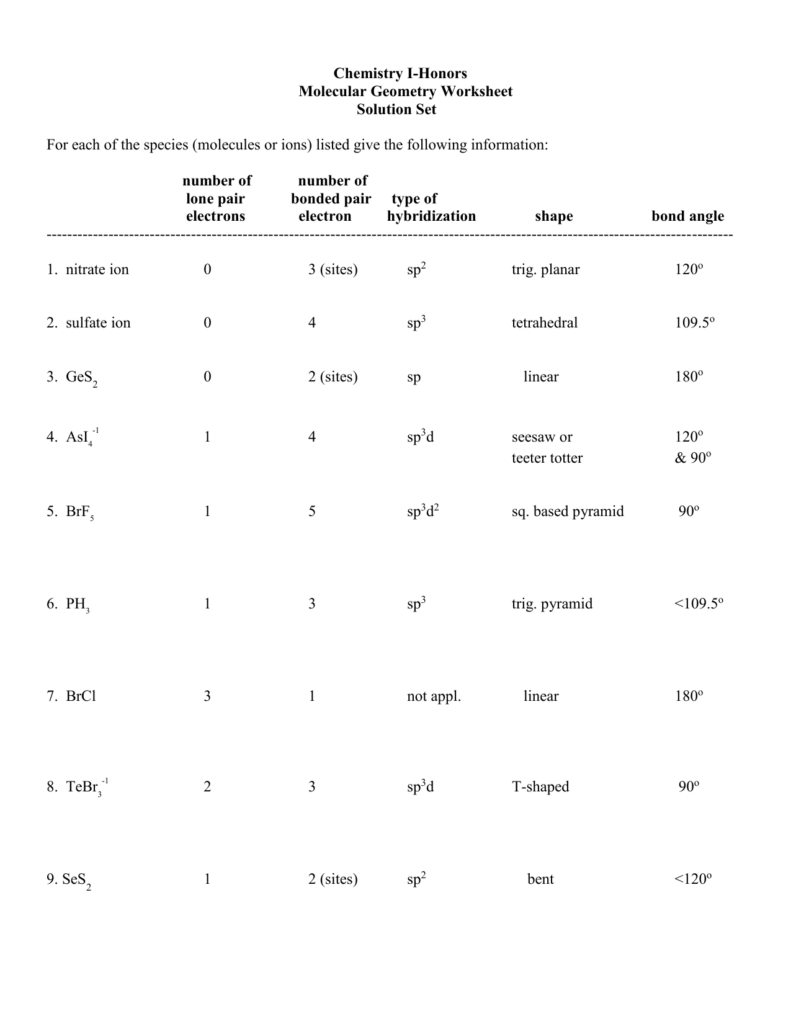 Molecular Geometry Worksheet Smhs