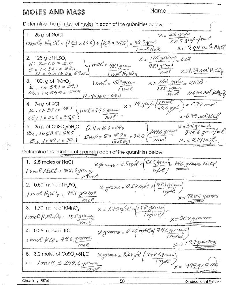 Moles And Mass Worksheet Chemistry If8766 Page 50 Answers Worksheet Works