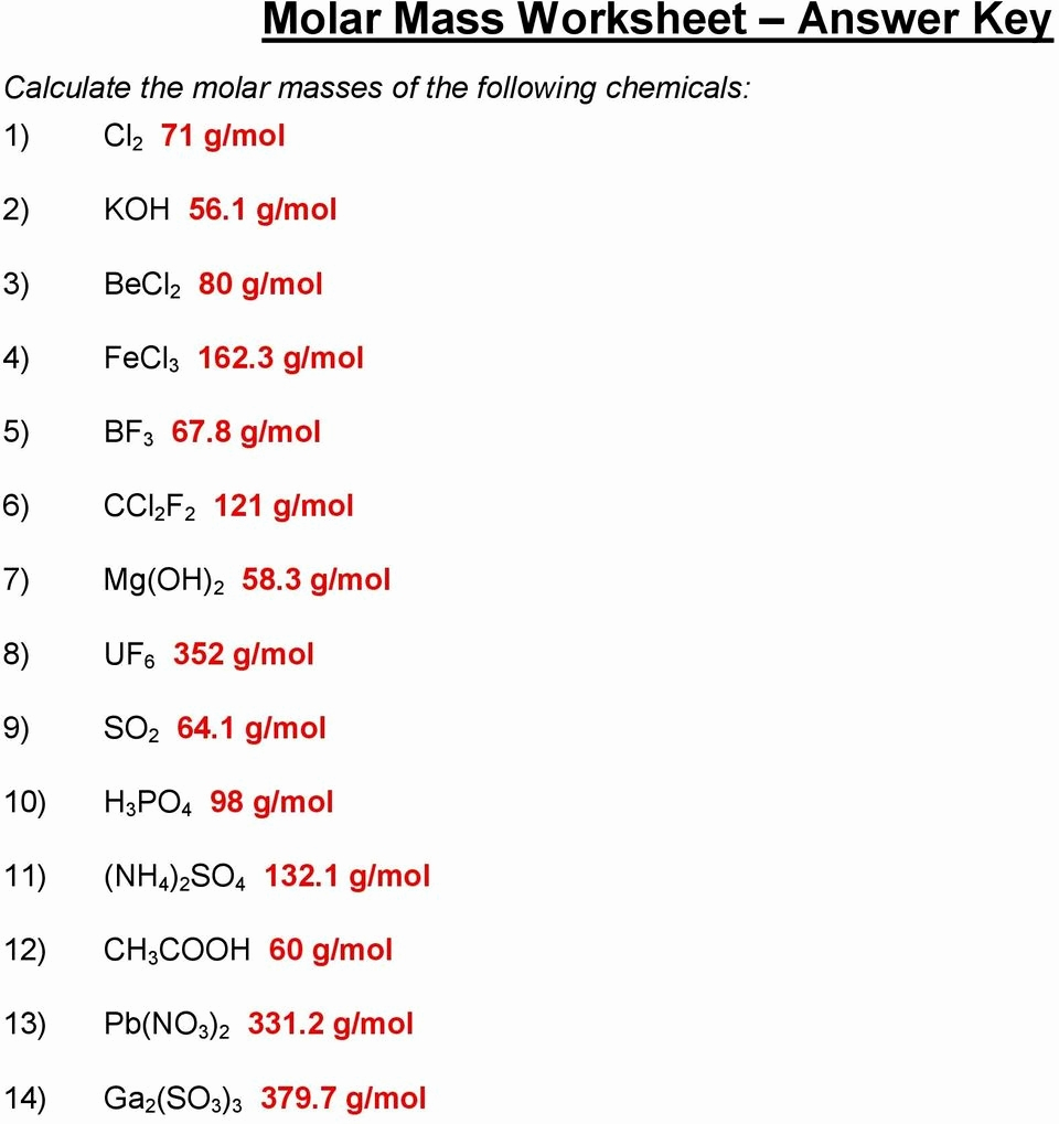 Moles And Mass Worksheets Answers