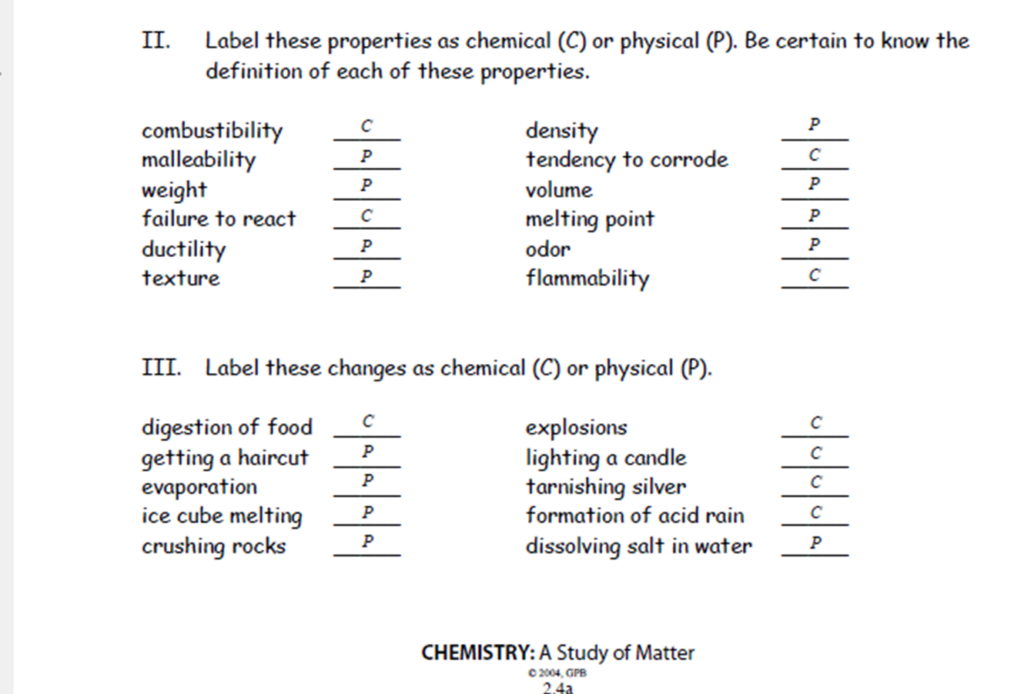 Ms Clark s Physical Science Blog Answer Key Physical And Chemical 