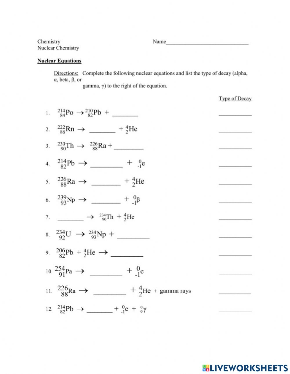 Nuclear Chemistry Worksheet Answer Key