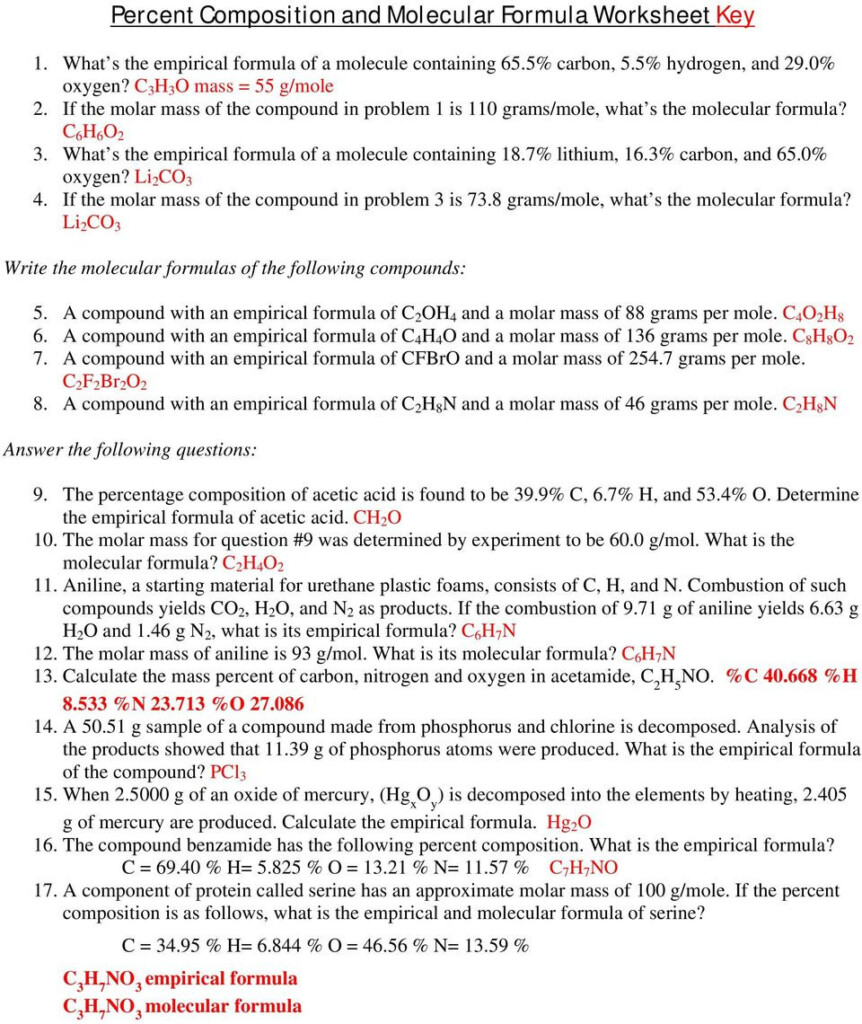 Percent Composition And Molecular Formula Worksheet Pdf Db excel
