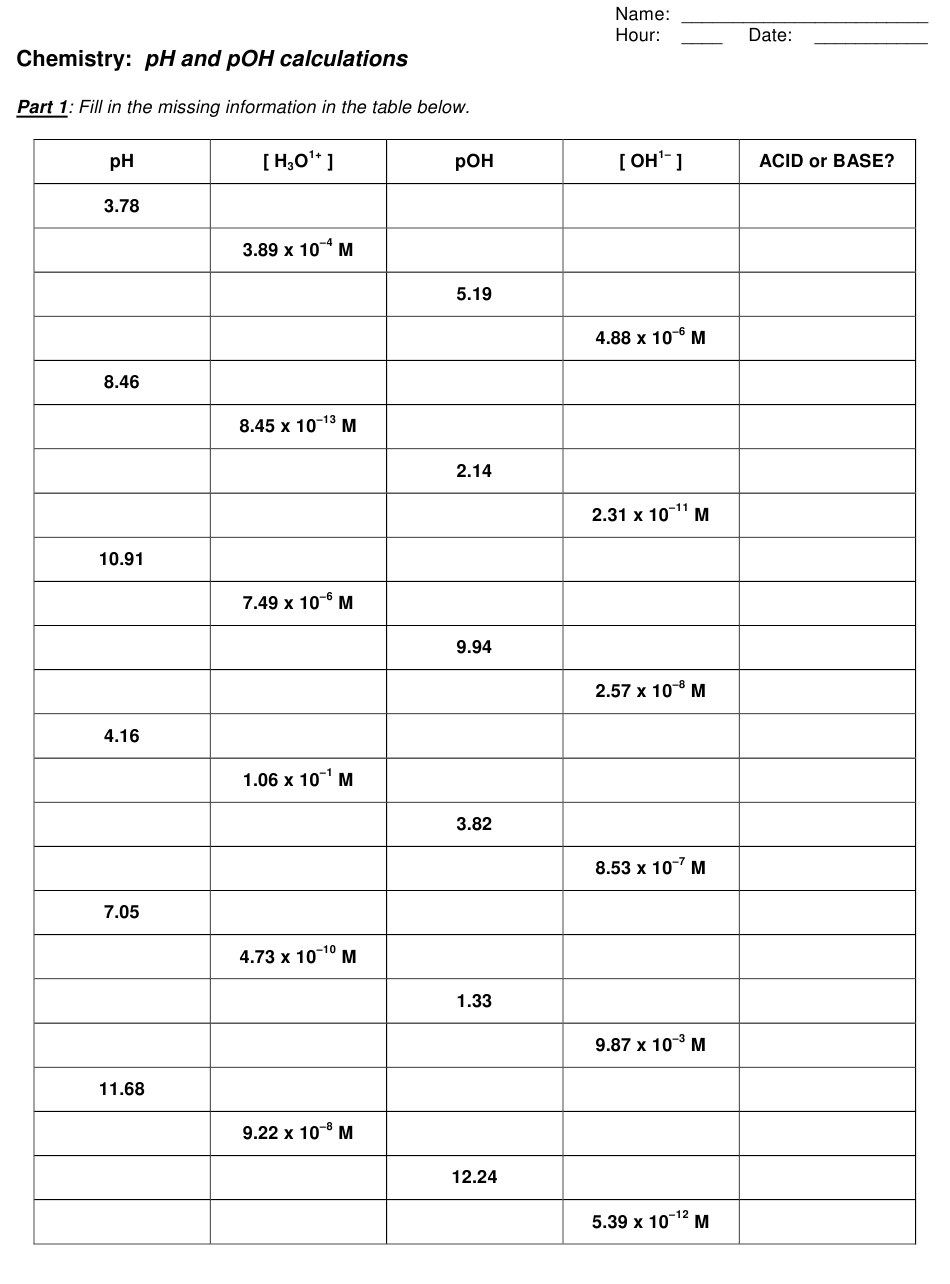 Ph And Poh Worksheet Answers Word Worksheet