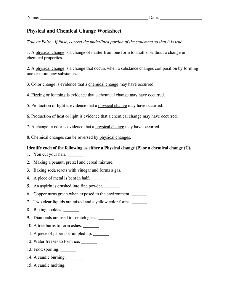 Physical And Chemical Change Worksheet Answer Key Fill Online 