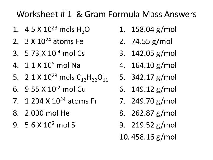 PPT Worksheet 1 Gram Formula Mass Answers PowerPoint Presentation