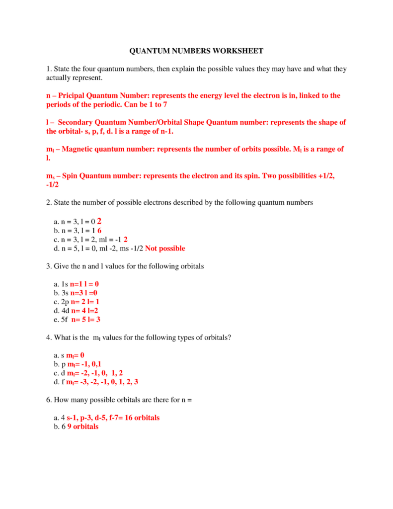 Quantum Numbers Worksheet Answers QUANTUM NUMBERS WORKSHEET State The 