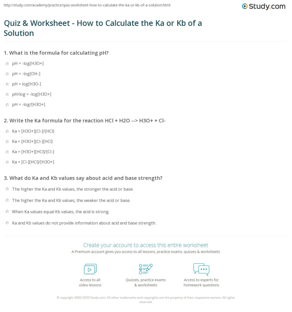 Quiz Worksheet How To Calculate The Ka Or Kb Of A Solution Study