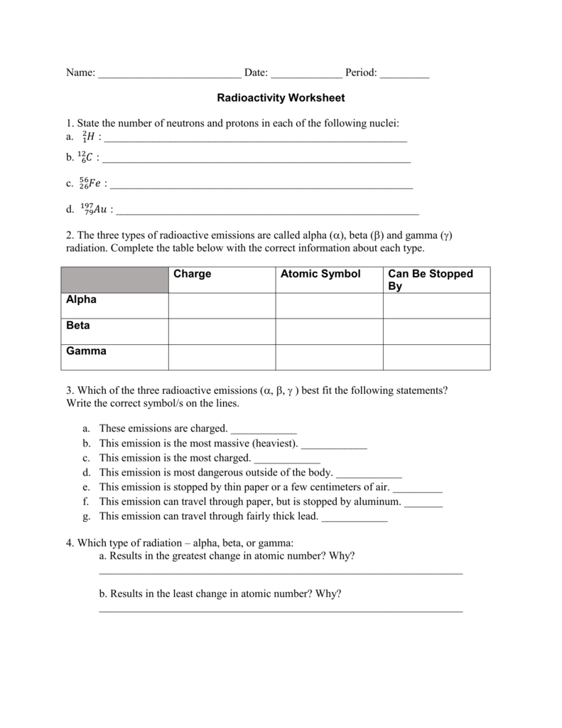 Radioactivity Worksheet