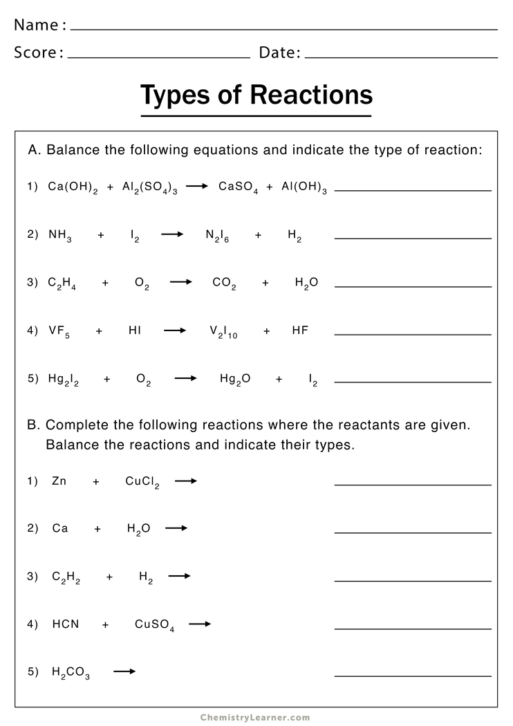 Reaction Types Worksheet